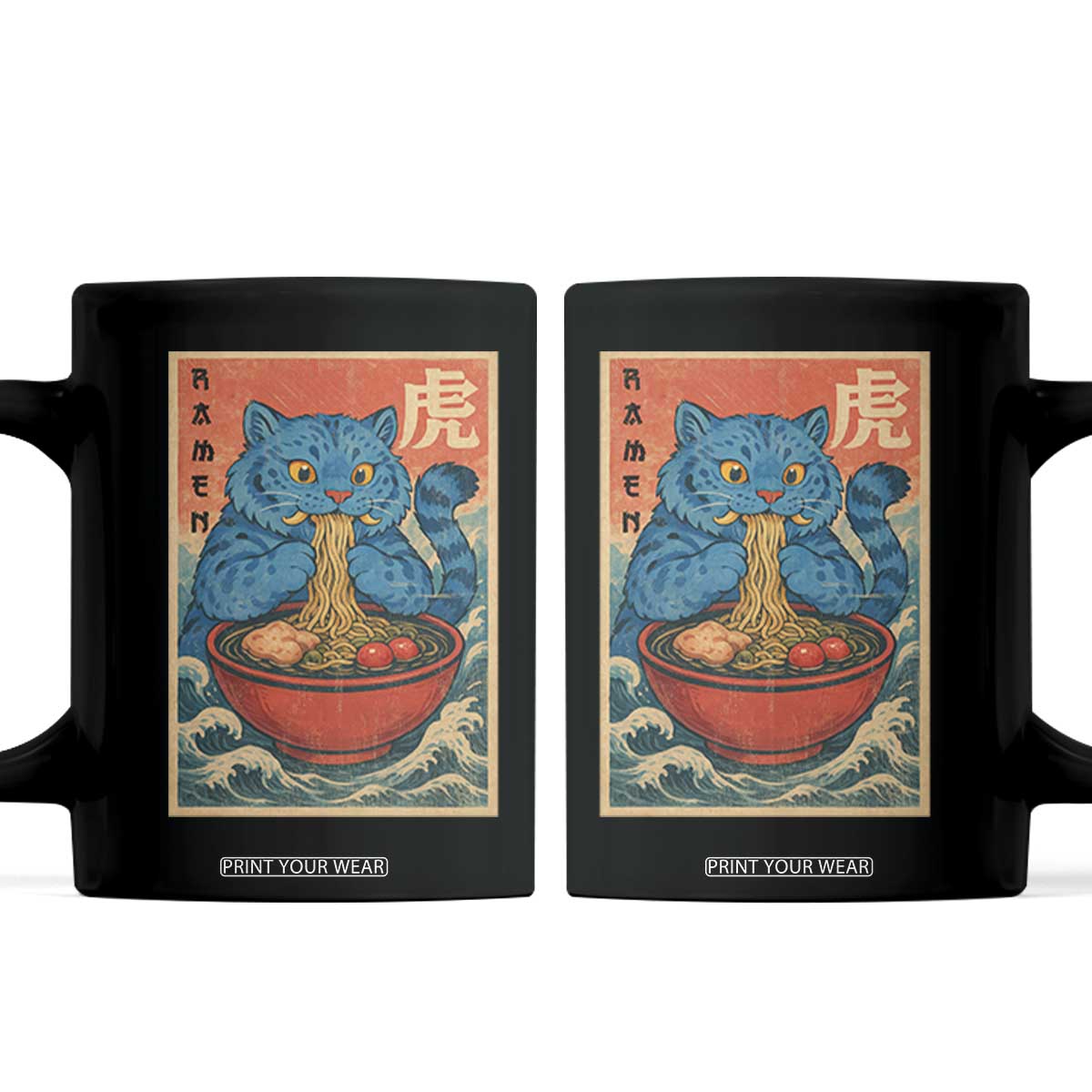 Anime Blue Cat Ramen Coffee Mug Vintage Japanese Art Funny Kawaii Demon Cat Tiger TS10 Black Print Your Wear