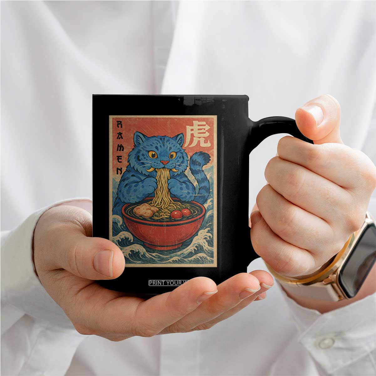 Anime Blue Cat Ramen Coffee Mug Vintage Japanese Art Funny Kawaii Demon Cat Tiger TS10 Print Your Wear