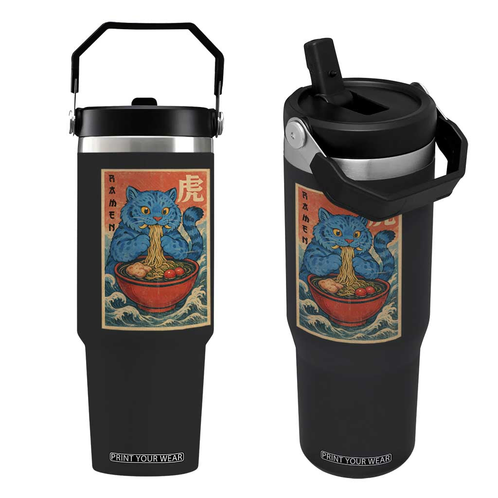 Anime Blue Cat Ramen Flip Straw Tumbler Vintage Japanese Art Funny Kawaii Demon Cat Tiger TS10 One Size: 30 oz Black Print Your Wear