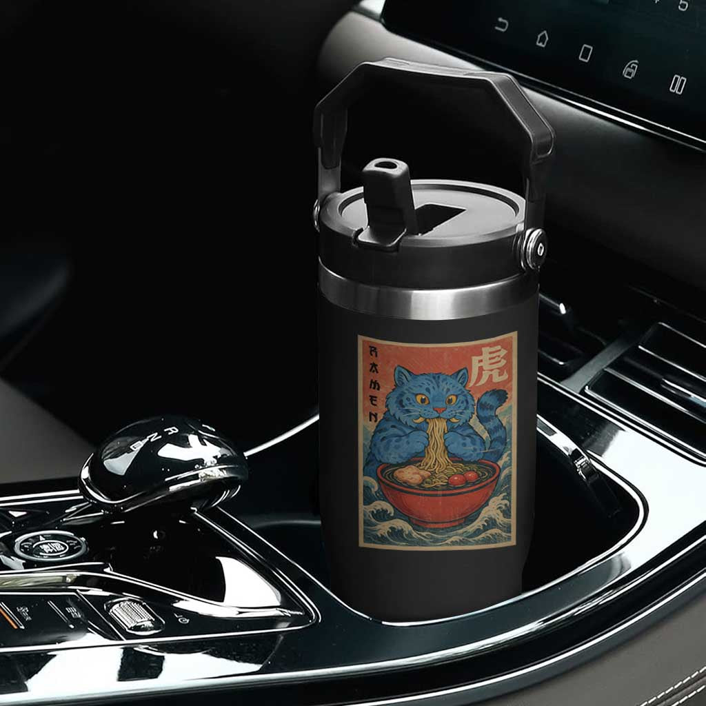 Anime Blue Cat Ramen Flip Straw Tumbler Vintage Japanese Art Funny Kawaii Demon Cat Tiger TS10 Print Your Wear
