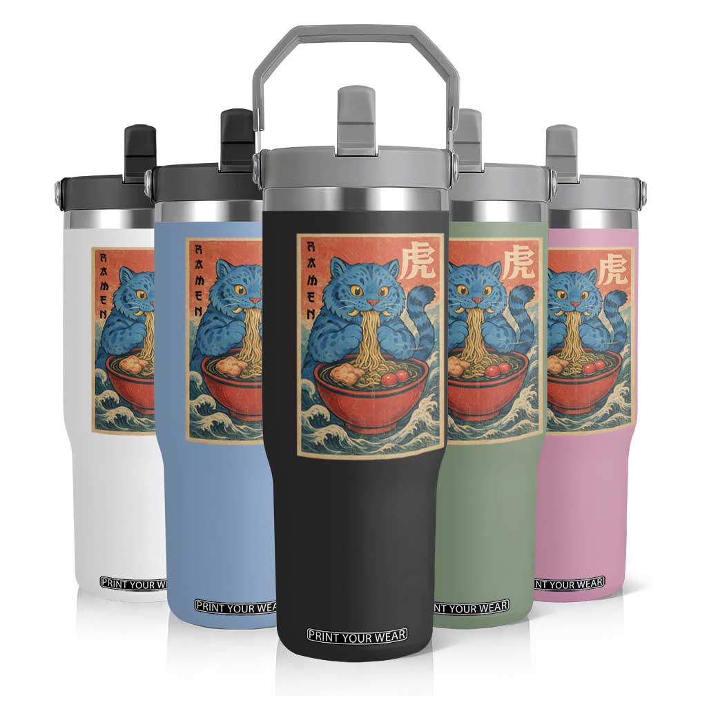 Anime Blue Cat Ramen Flip Straw Tumbler Vintage Japanese Art Funny Kawaii Demon Cat Tiger TS10 Print Your Wear
