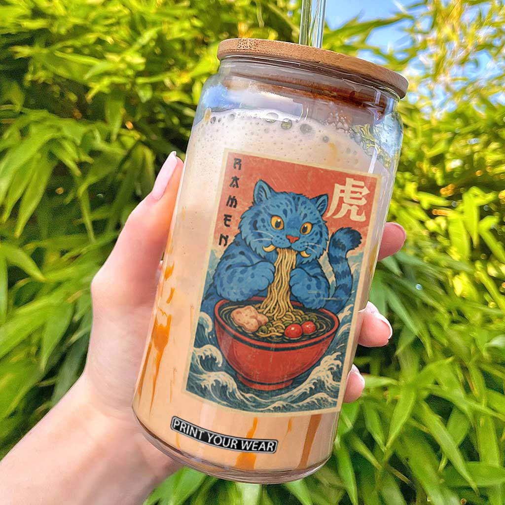 Anime Blue Cat Ramen Glass Can Vintage Japanese Art Funny Kawaii Demon Cat Tiger TS10 Black Print Your Wear