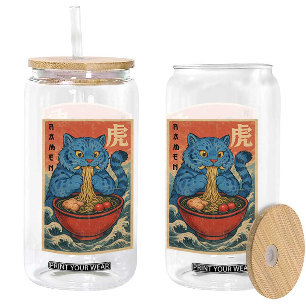 Anime Blue Cat Ramen Glass Can Vintage Japanese Art Funny Kawaii Demon Cat Tiger TS10 Print Your Wear