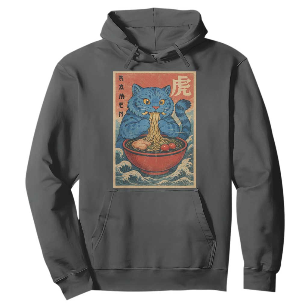 Anime Blue Cat Ramen Hoodie Vintage Japanese Art Funny Kawaii Demon Cat Tiger TS10 Dark Heather Print Your Wear