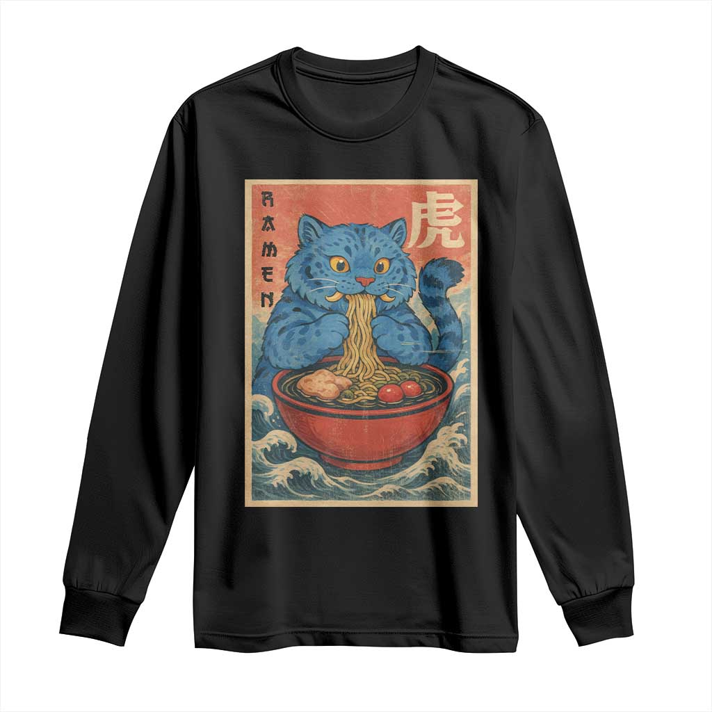 Anime Blue Cat Ramen Long Sleeve Shirt Vintage Japanese Art Funny Kawaii Demon Cat Tiger TS10 Black Print Your Wear