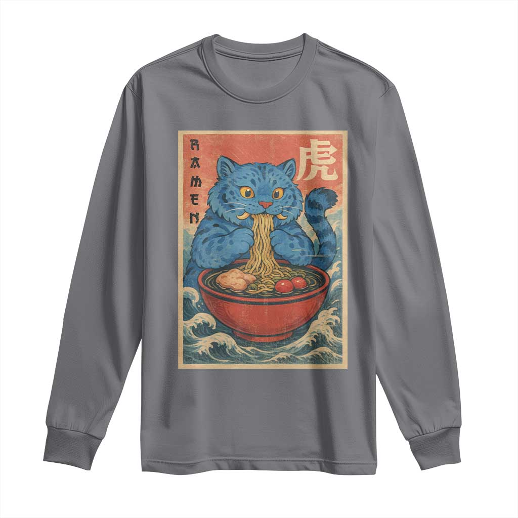 Anime Blue Cat Ramen Long Sleeve Shirt Vintage Japanese Art Funny Kawaii Demon Cat Tiger TS10 Charcoal Print Your Wear