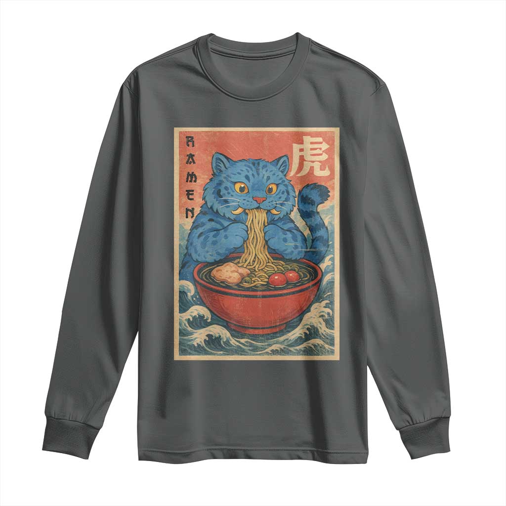 Anime Blue Cat Ramen Long Sleeve Shirt Vintage Japanese Art Funny Kawaii Demon Cat Tiger TS10 Dark Heather Print Your Wear