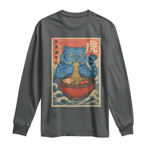 Anime Blue Cat Ramen Long Sleeve Shirt Vintage Japanese Art Funny Kawaii Demon Cat Tiger TS10 Dark Heather Print Your Wear