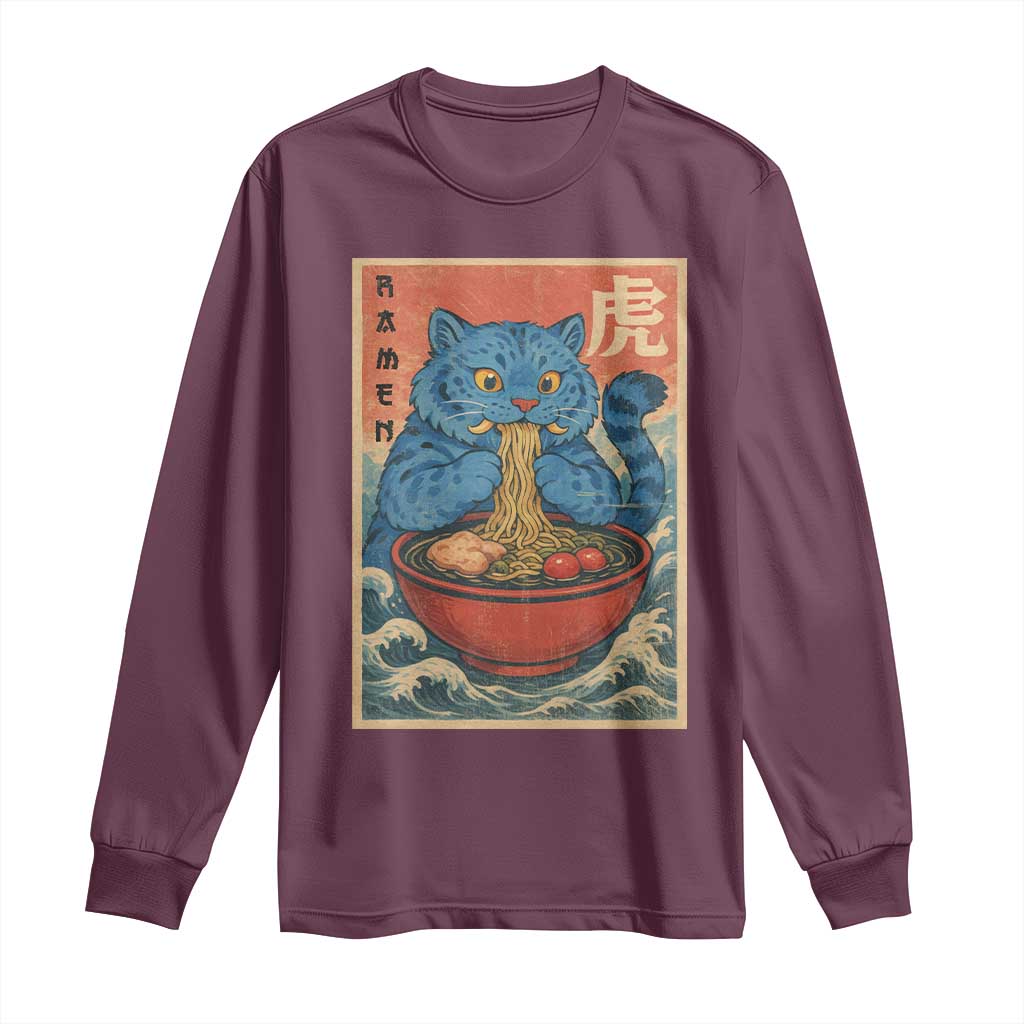 Anime Blue Cat Ramen Long Sleeve Shirt Vintage Japanese Art Funny Kawaii Demon Cat Tiger TS10 Maroon Print Your Wear