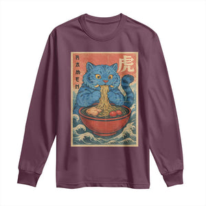 Anime Blue Cat Ramen Long Sleeve Shirt Vintage Japanese Art Funny Kawaii Demon Cat Tiger TS10 Maroon Print Your Wear