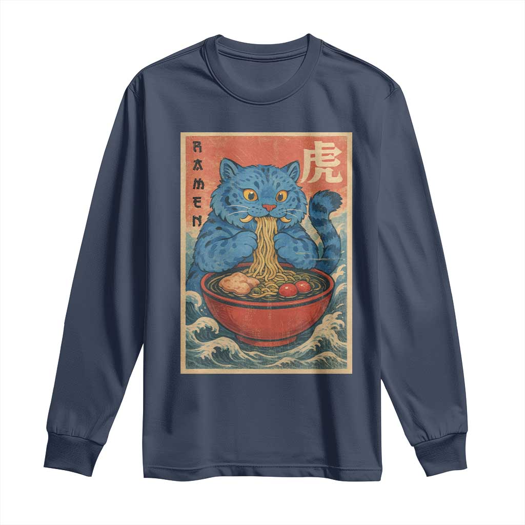 Anime Blue Cat Ramen Long Sleeve Shirt Vintage Japanese Art Funny Kawaii Demon Cat Tiger TS10 Navy Print Your Wear