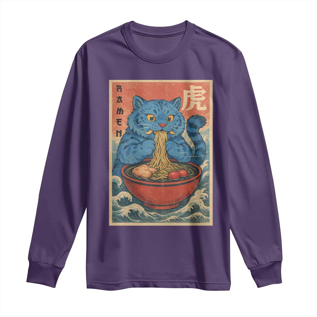 Anime Blue Cat Ramen Long Sleeve Shirt Vintage Japanese Art Funny Kawaii Demon Cat Tiger TS10 Purple Print Your Wear