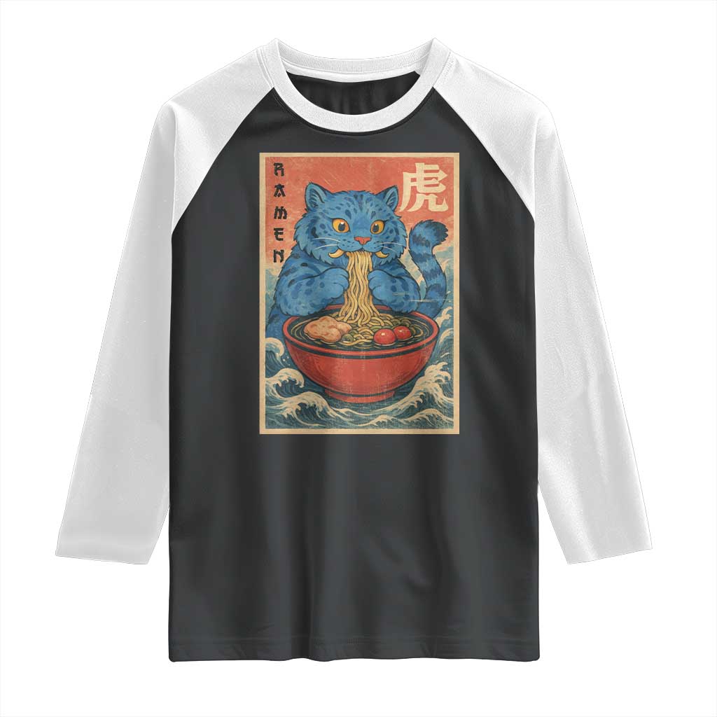Anime Blue Cat Ramen Raglan Shirt Vintage Japanese Art Funny Kawaii Demon Cat Tiger TS10 Black White Print Your Wear