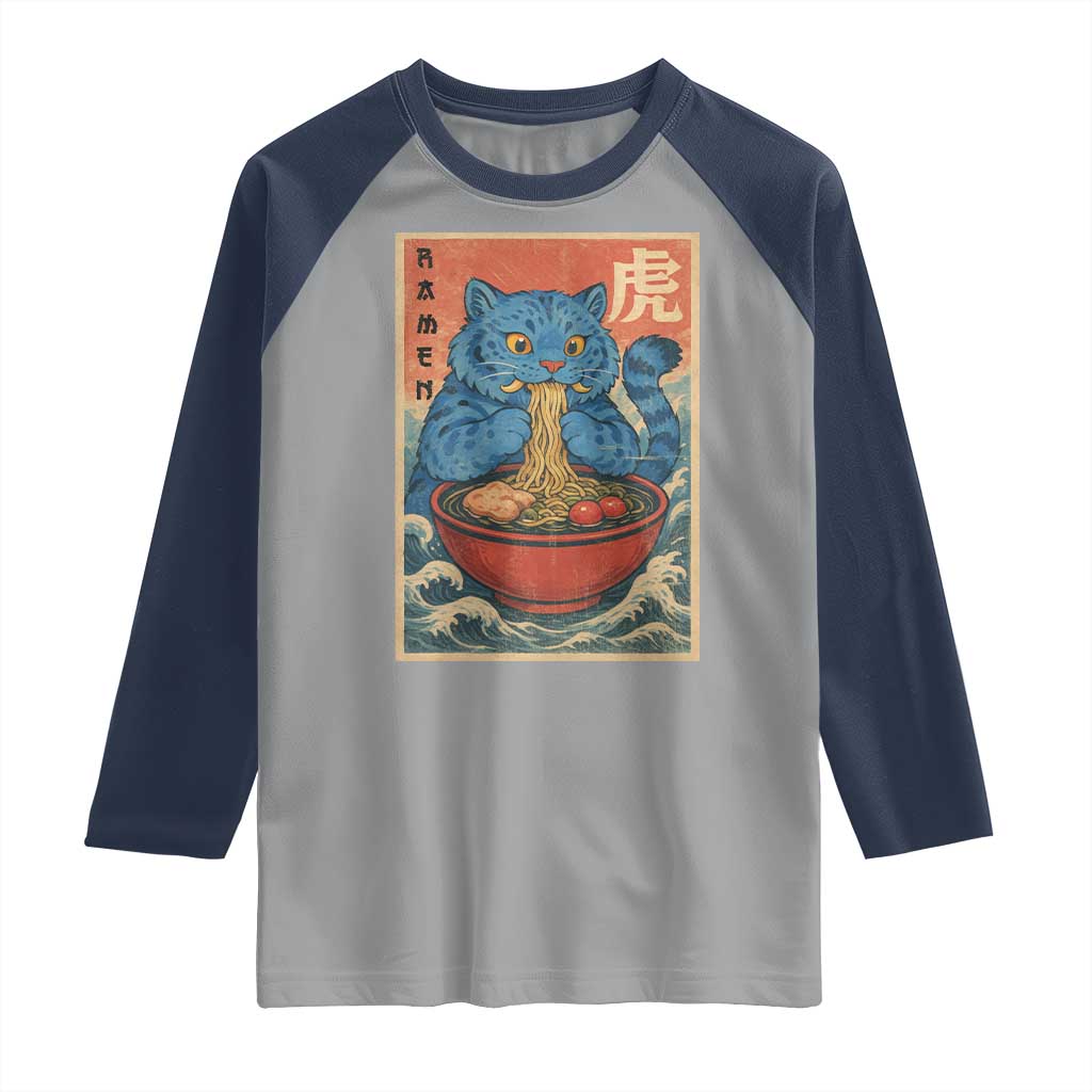 Anime Blue Cat Ramen Raglan Shirt Vintage Japanese Art Funny Kawaii Demon Cat Tiger TS10 Sport Gray Navy Print Your Wear