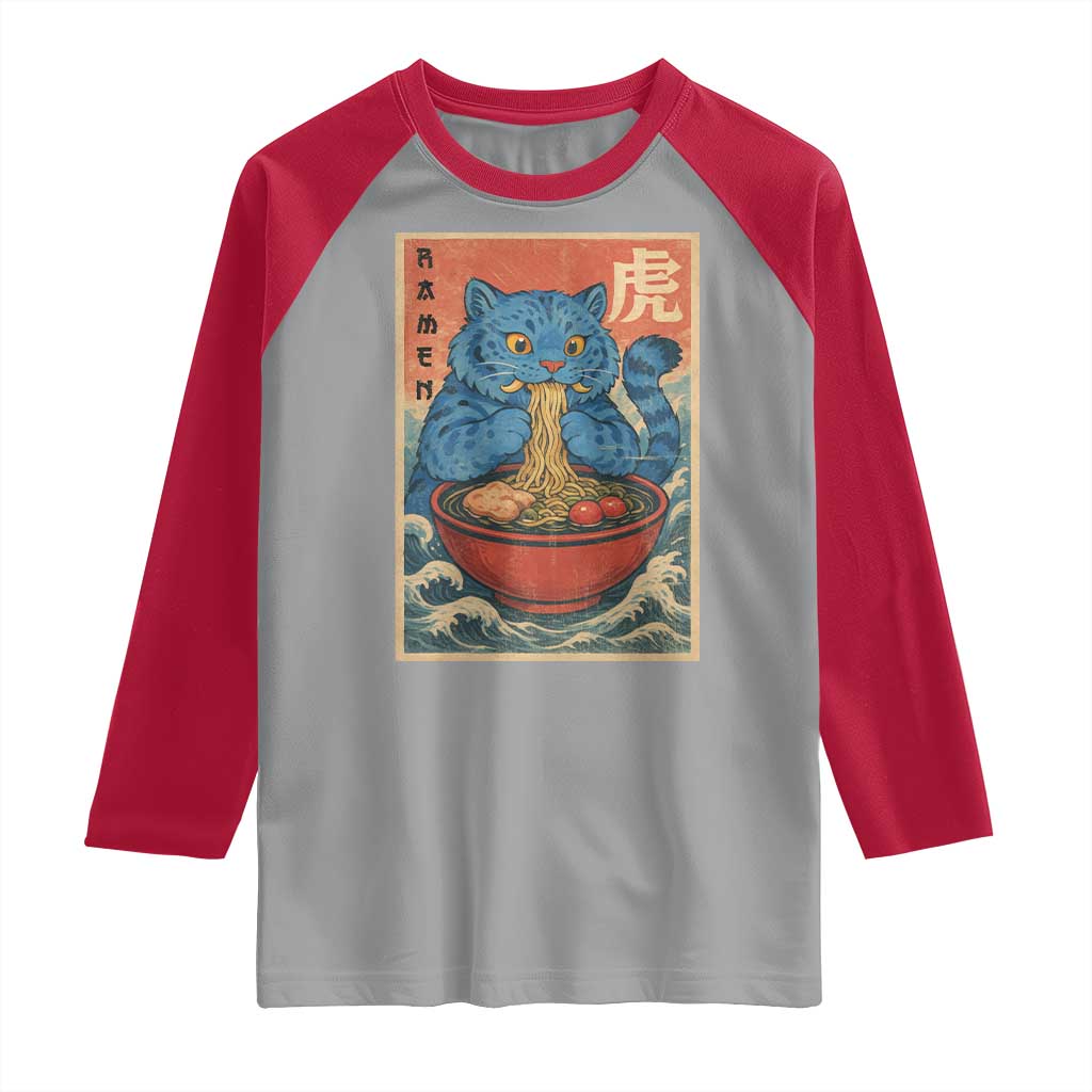 Anime Blue Cat Ramen Raglan Shirt Vintage Japanese Art Funny Kawaii Demon Cat Tiger TS10 Sport Gray Red Print Your Wear