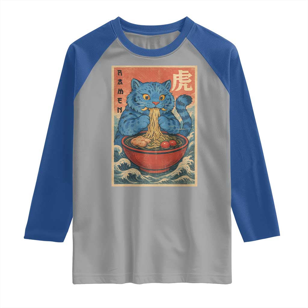 Anime Blue Cat Ramen Raglan Shirt Vintage Japanese Art Funny Kawaii Demon Cat Tiger TS10 Sport Gray Royal Print Your Wear