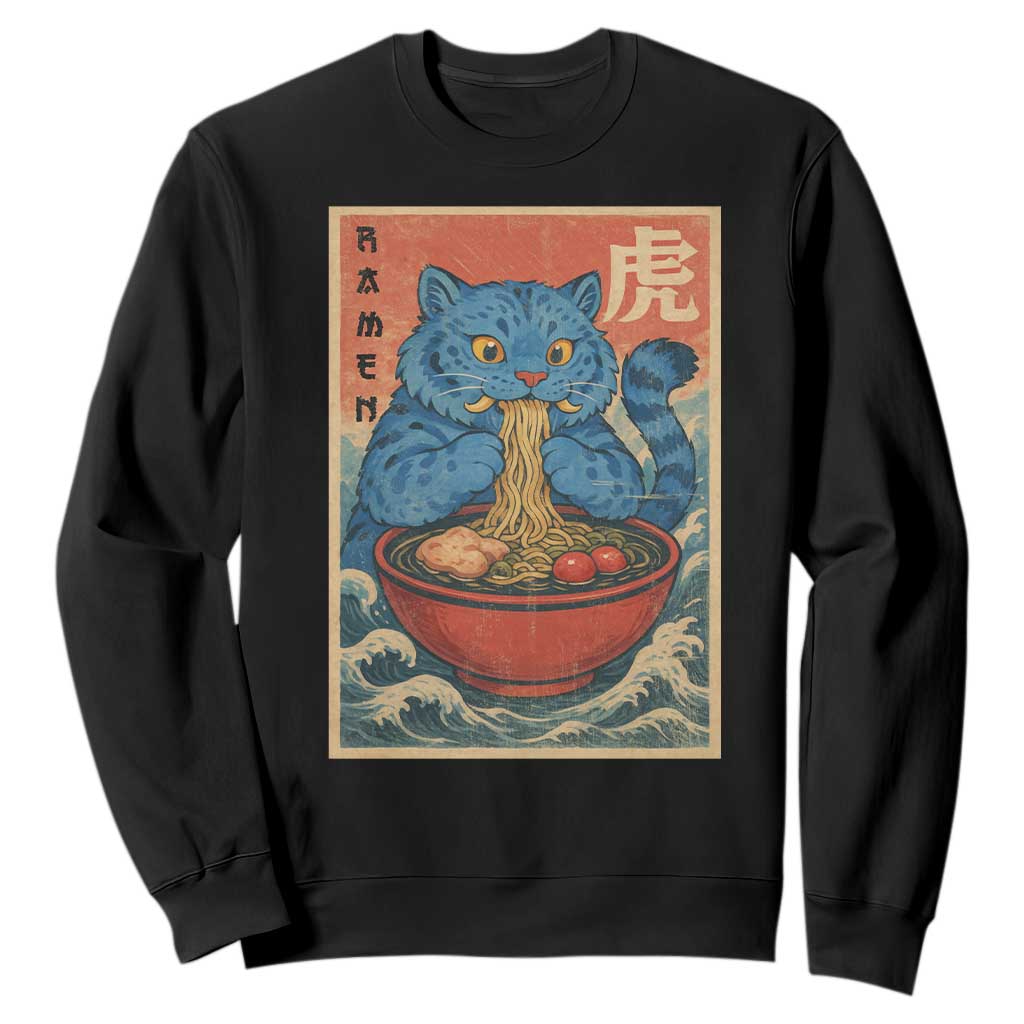 Anime Blue Cat Ramen Sweatshirt Vintage Japanese Art Funny Kawaii Demon Cat Tiger TS10 Black Print Your Wear