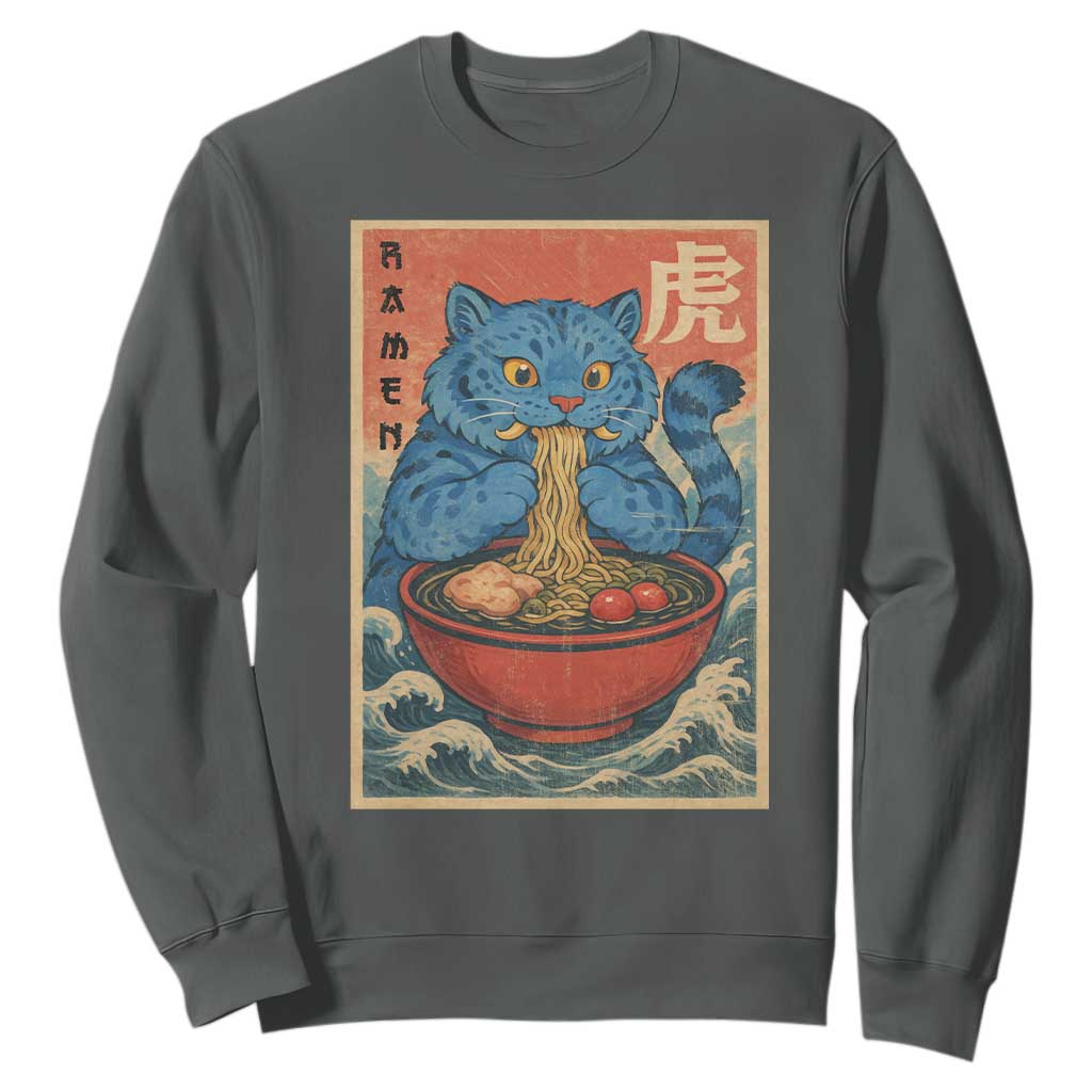 Anime Blue Cat Ramen Sweatshirt Vintage Japanese Art Funny Kawaii Demon Cat Tiger TS10 Dark Heather Print Your Wear