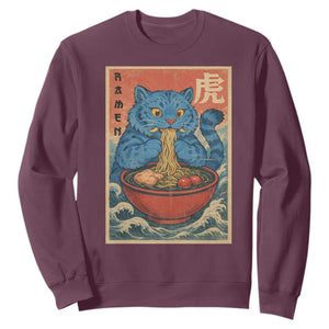 Anime Blue Cat Ramen Sweatshirt Vintage Japanese Art Funny Kawaii Demon Cat Tiger TS10 Maroon Print Your Wear