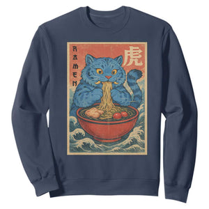 Anime Blue Cat Ramen Sweatshirt Vintage Japanese Art Funny Kawaii Demon Cat Tiger TS10 Navy Print Your Wear