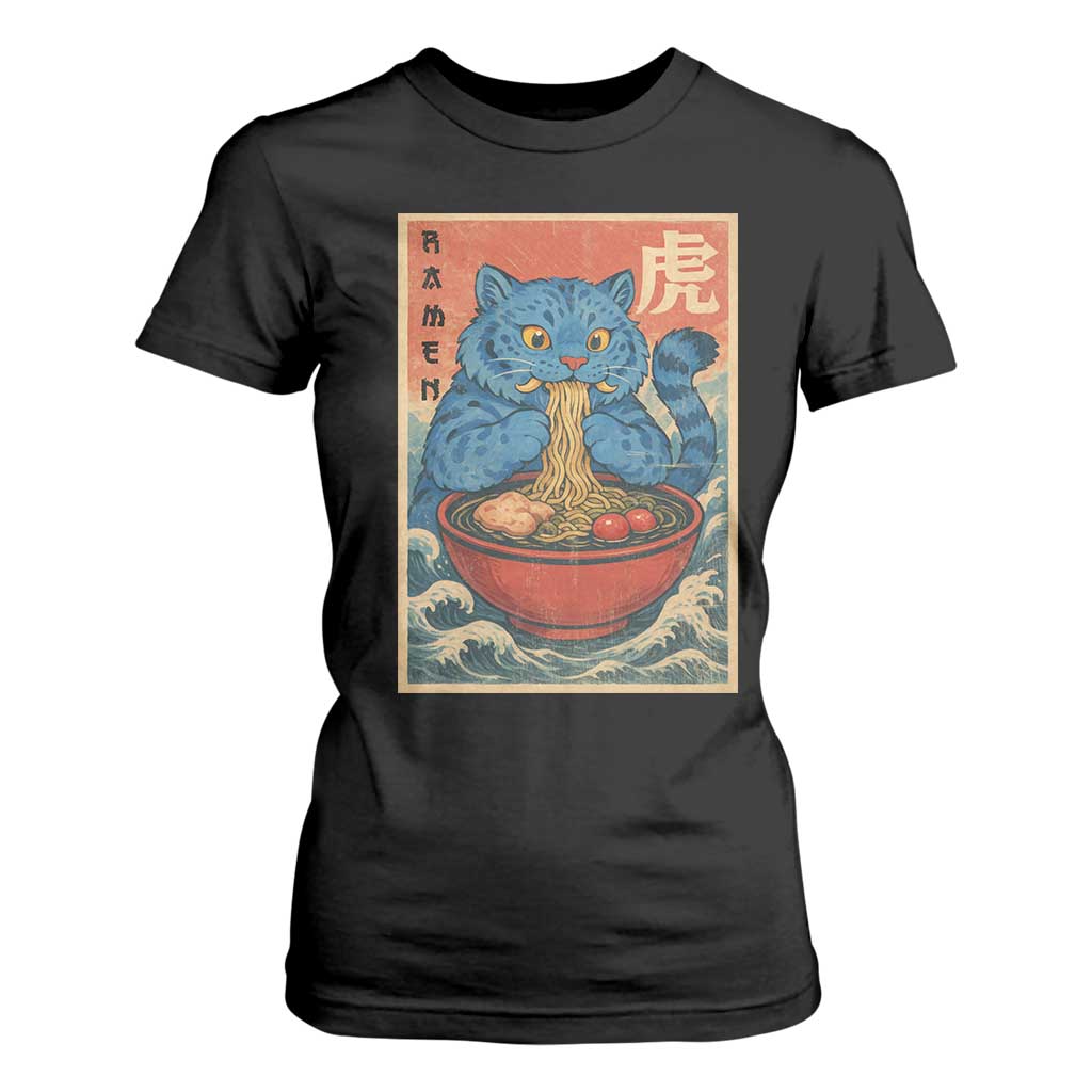 Anime Blue Cat Ramen T Shirt For Women Vintage Japanese Art Funny Kawaii Demon Cat Tiger TS10 Black Print Your Wear