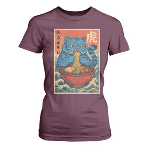Anime Blue Cat Ramen T Shirt For Women Vintage Japanese Art Funny Kawaii Demon Cat Tiger TS10 Maroon Print Your Wear