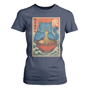 Anime Blue Cat Ramen T Shirt For Women Vintage Japanese Art Funny Kawaii Demon Cat Tiger TS10 Navy Print Your Wear