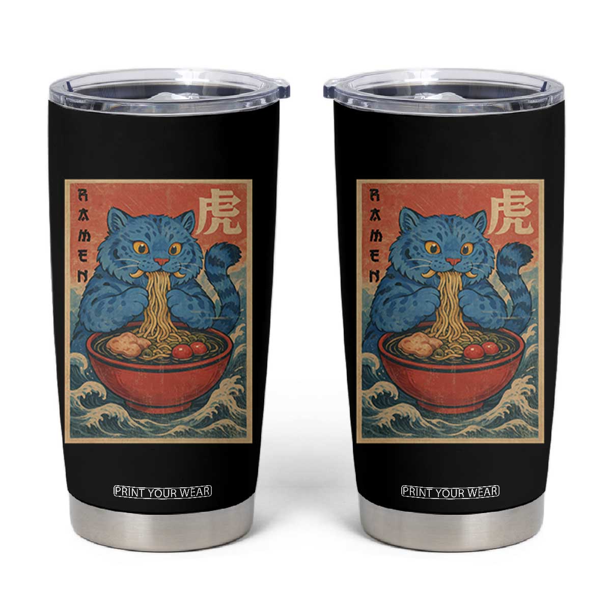 Anime Blue Cat Ramen Tumbler Cup Vintage Japanese Art Funny Kawaii Demon Cat Tiger TS10 Black Print Your Wear