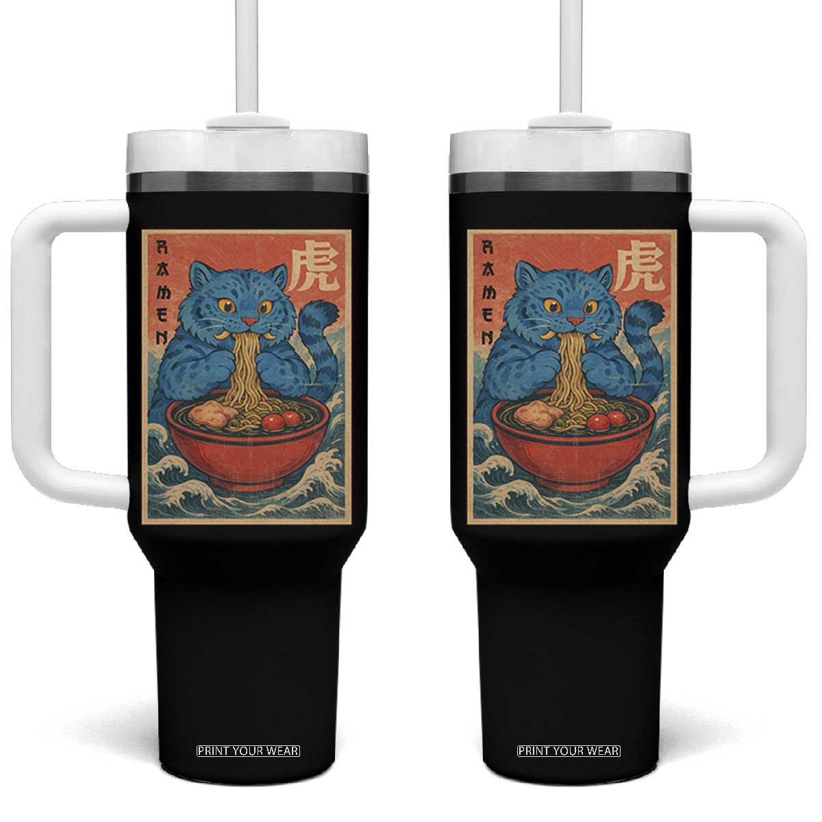 Anime Blue Cat Ramen Tumbler With Handle Vintage Japanese Art Funny Kawaii Demon Cat Tiger TS10 One Size: 40 oz Black Print Your Wear