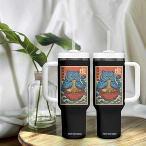 Anime Blue Cat Ramen Tumbler With Handle Vintage Japanese Art Funny Kawaii Demon Cat Tiger TS10 Print Your Wear
