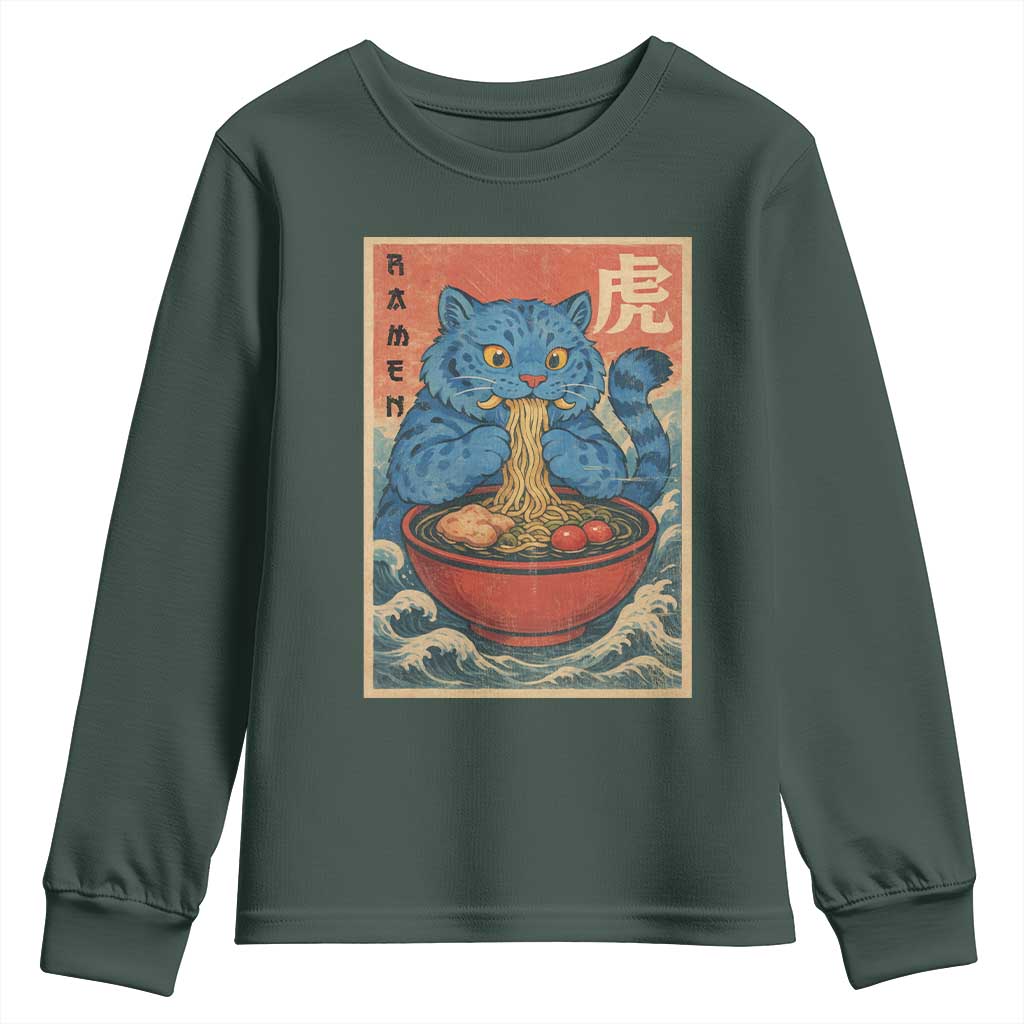 Anime Blue Cat Ramen Youth Sweatshirt Vintage Japanese Art Funny Kawaii Demon Cat Tiger TS10 Dark Forest Green Print Your Wear