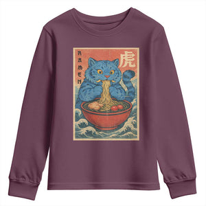 Anime Blue Cat Ramen Youth Sweatshirt Vintage Japanese Art Funny Kawaii Demon Cat Tiger TS10 Maroon Print Your Wear
