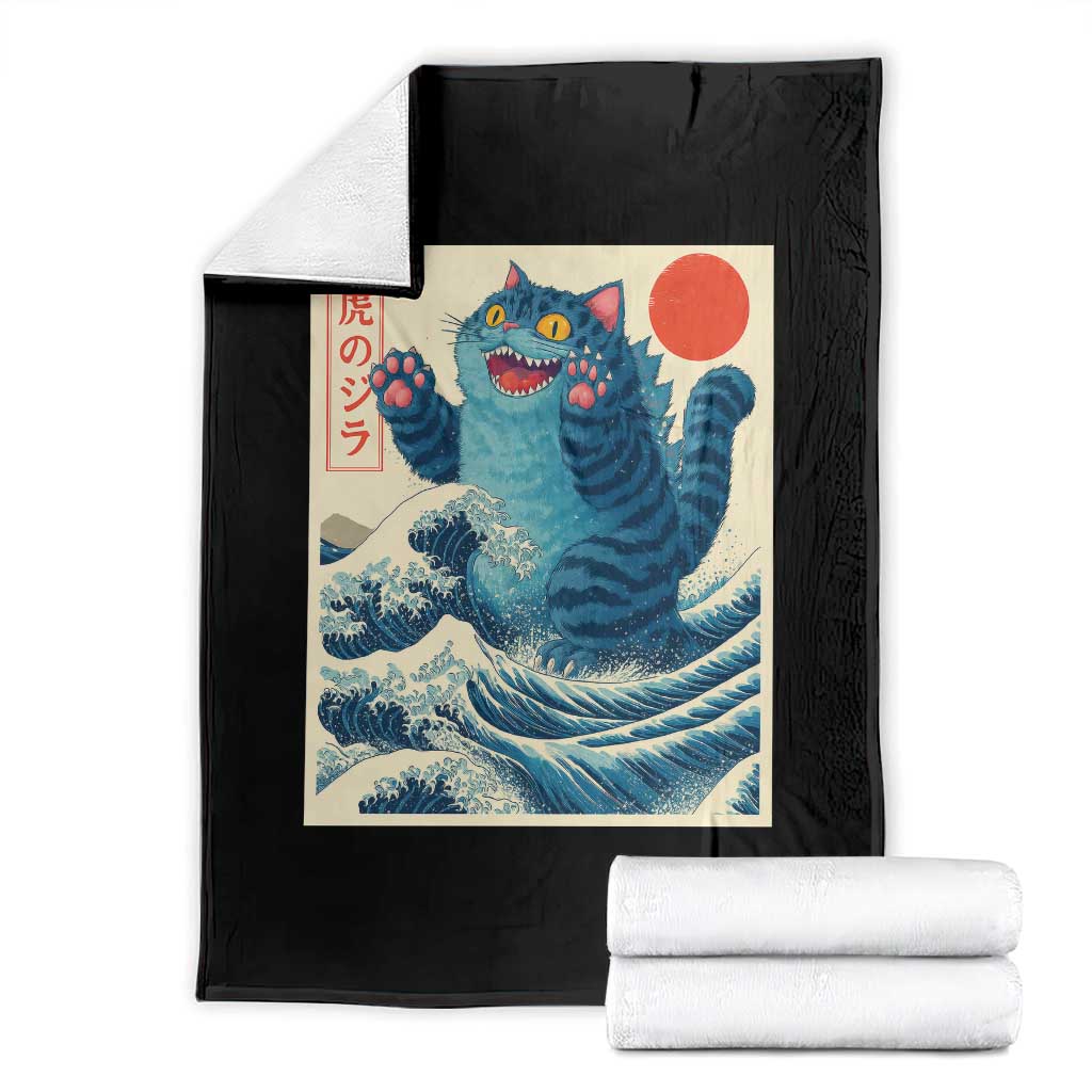 Blue Catzilla Cat Japanese Art Throw Blanket Kawaii Demon Tiger Funny Kitty Dad Gifts TS10 Black Print Your Wear