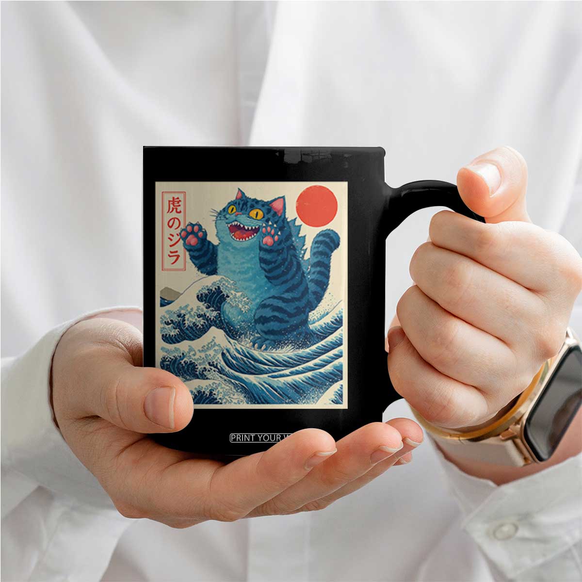 Blue Catzilla Cat Japanese Art Coffee Mug Kawaii Demon Tiger Funny Kitty Dad Gifts TS10 Print Your Wear