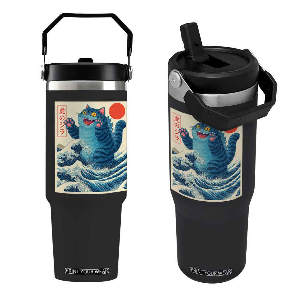 Blue Catzilla Cat Japanese Art Flip Straw Tumbler Kawaii Demon Tiger Funny Kitty Dad Gifts TS10 One Size: 30 oz Black Print Your Wear