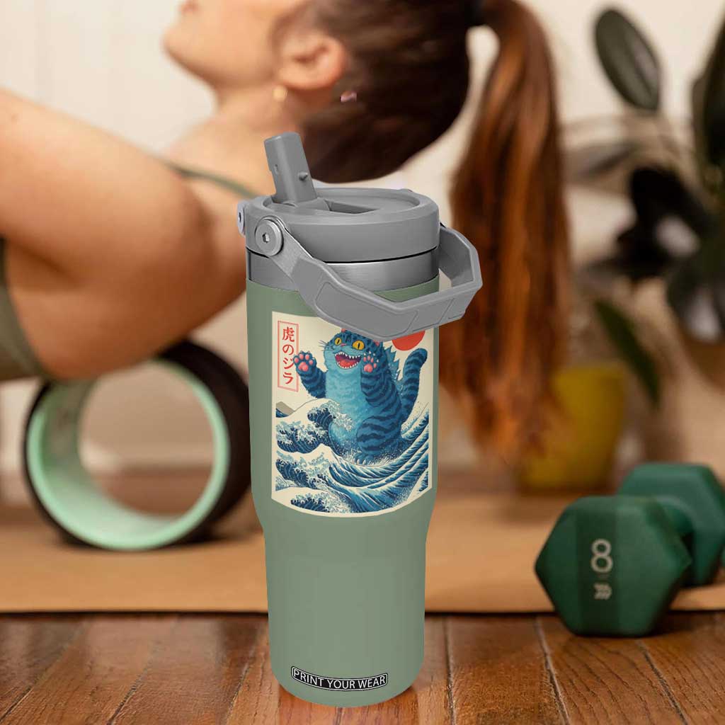 Blue Catzilla Cat Japanese Art Flip Straw Tumbler Kawaii Demon Tiger Funny Kitty Dad Gifts TS10 One Size: 30 oz Moss Green Print Your Wear