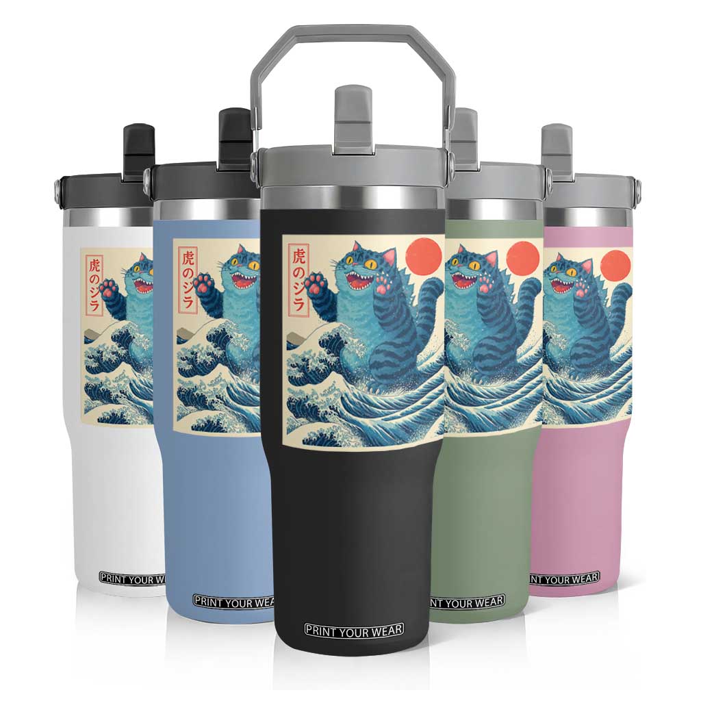 Blue Cat Giant Monster Japanese Art Flip Straw Tumbler Kawaii Demon Tiger Funny Kitty Dad Gifts TS10 Print Your Wear