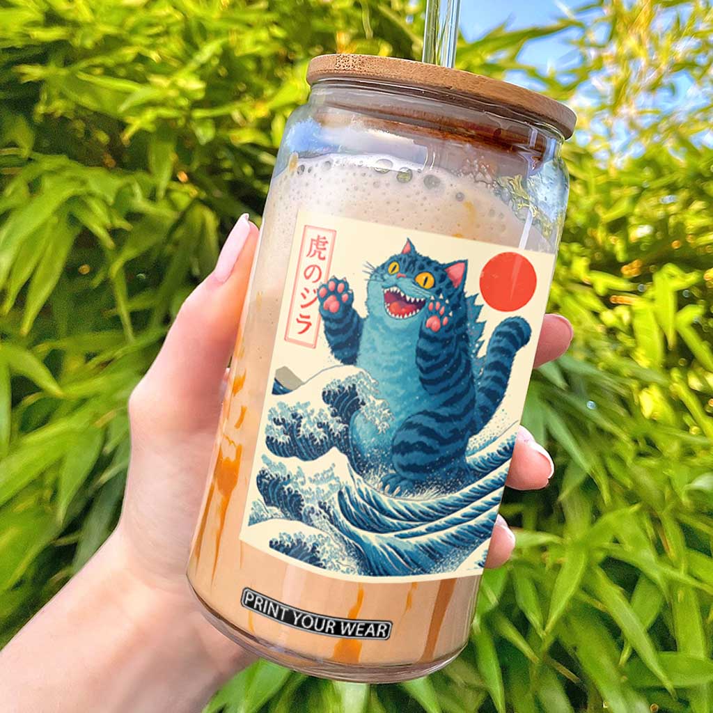 Blue Catzilla Cat Japanese Art Glass Can Kawaii Demon Tiger Funny Kitty Dad Gifts TS10 Black Print Your Wear