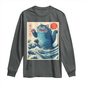 Blue Catzilla Cat Japanese Art Long Sleeve Shirt Kawaii Demon Tiger Funny Kitty Dad Gifts TS10 Dark Heather Print Your Wear