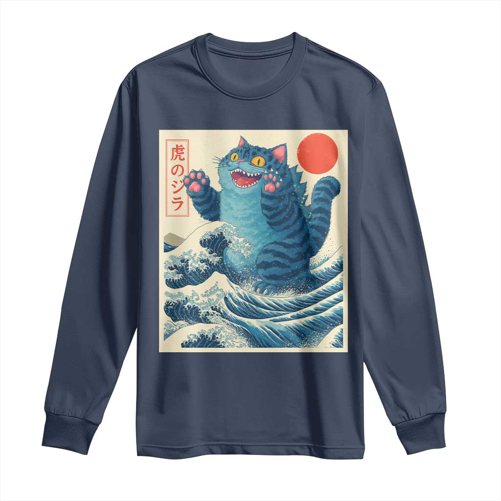 Blue Cat Giant Monster Japanese Art Long Sleeve Shirt Kawaii Demon Tiger Funny Kitty Dad Gifts TS10 Navy Print Your Wear