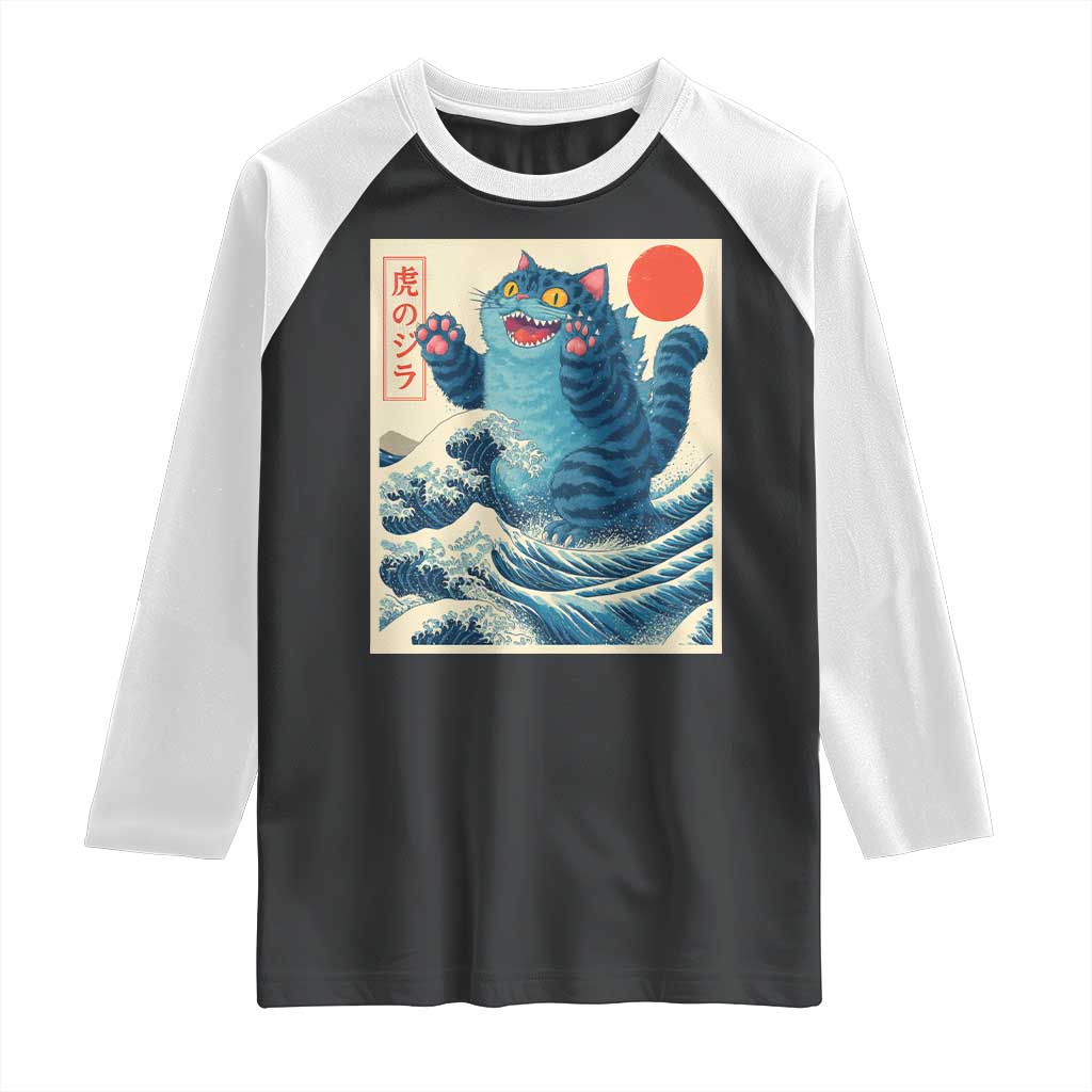 Blue Catzilla Cat Japanese Art Raglan Shirt Kawaii Demon Tiger Funny Kitty Dad Gifts TS10 Black White Print Your Wear