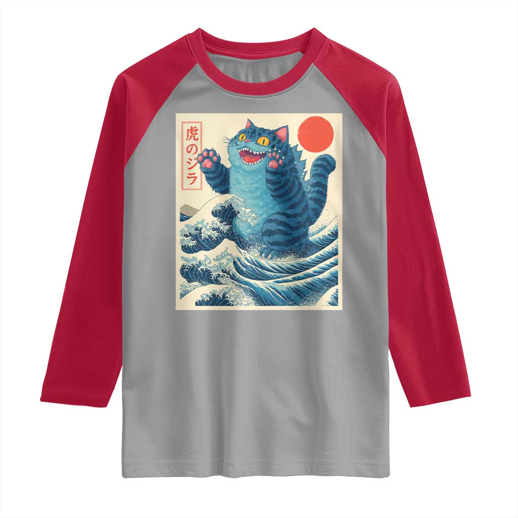 Blue Cat Giant Monster Japanese Art Raglan Shirt Kawaii Demon Tiger Funny Kitty Dad Gifts TS10 Sport Gray Red Print Your Wear