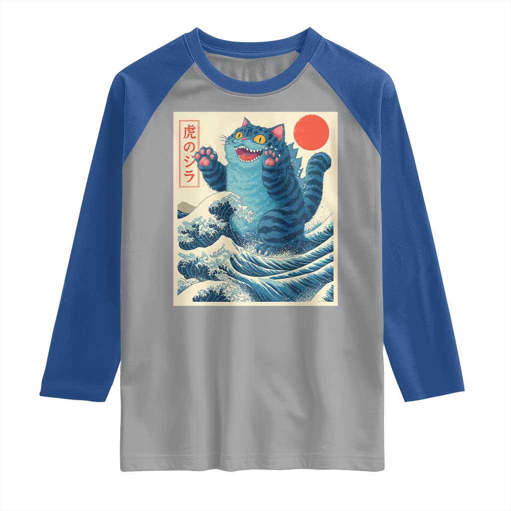 Blue Cat Giant Monster Japanese Art Raglan Shirt Kawaii Demon Tiger Funny Kitty Dad Gifts TS10 Sport Gray Royal Print Your Wear