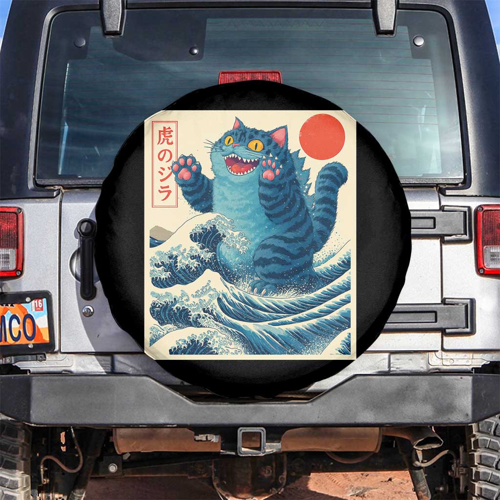 Blue Catzilla Cat Japanese Art Spare Tire Cover Kawaii Demon Tiger Funny Kitty Dad Gifts TS10 No hole Black Print Your Wear