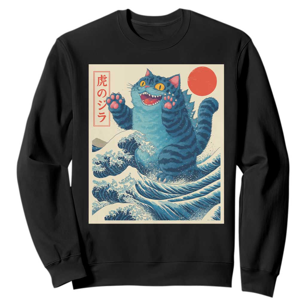 Blue Catzilla Cat Japanese Art Sweatshirt Kawaii Demon Tiger Funny Kitty Dad Gifts TS10 Black Print Your Wear