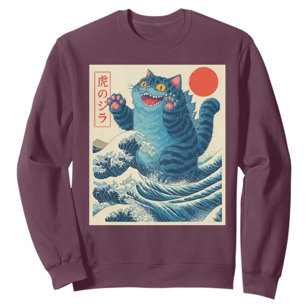 Blue Cat Giant Monster Japanese Art Sweatshirt Kawaii Demon Tiger Funny Kitty Dad Gifts TS10 Maroon Print Your Wear