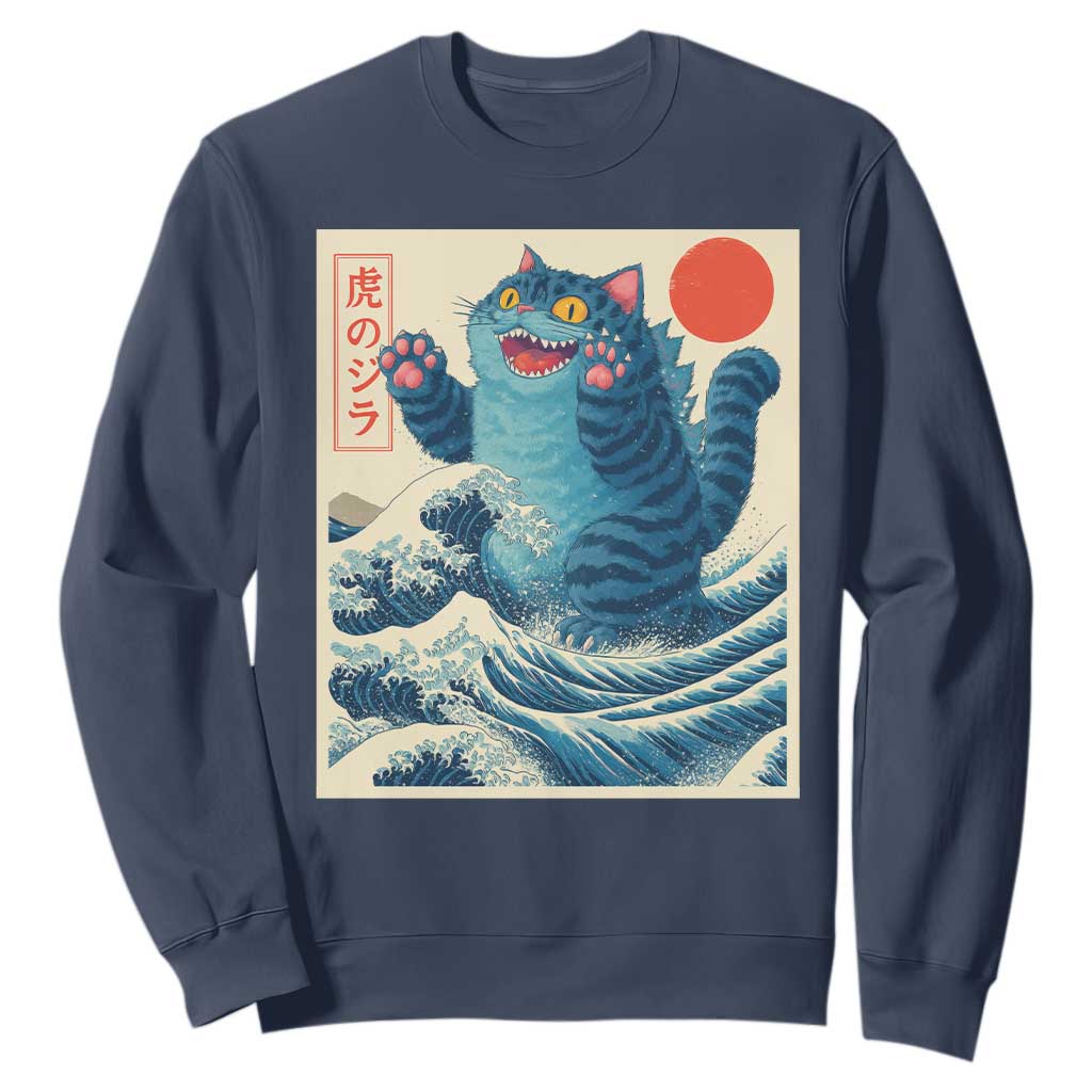Blue Cat Giant Monster Japanese Art Sweatshirt Kawaii Demon Tiger Funny Kitty Dad Gifts TS10 Navy Print Your Wear