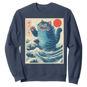 Blue Catzilla Cat Japanese Art Sweatshirt Kawaii Demon Tiger Funny Kitty Dad Gifts TS10 Navy Print Your Wear