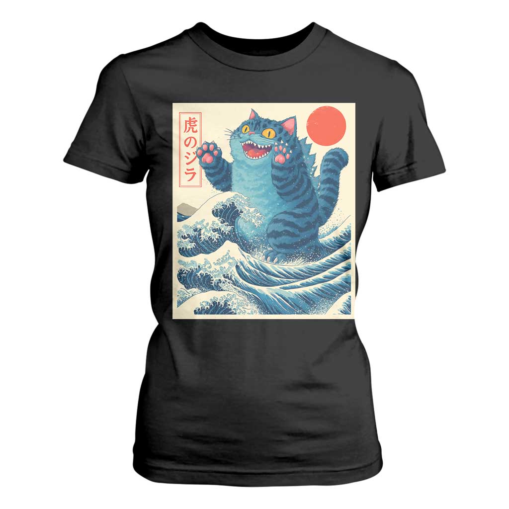 Blue Catzilla Cat Japanese Art T Shirt For Women Kawaii Demon Tiger Funny Kitty Dad Gifts TS10 Black Print Your Wear