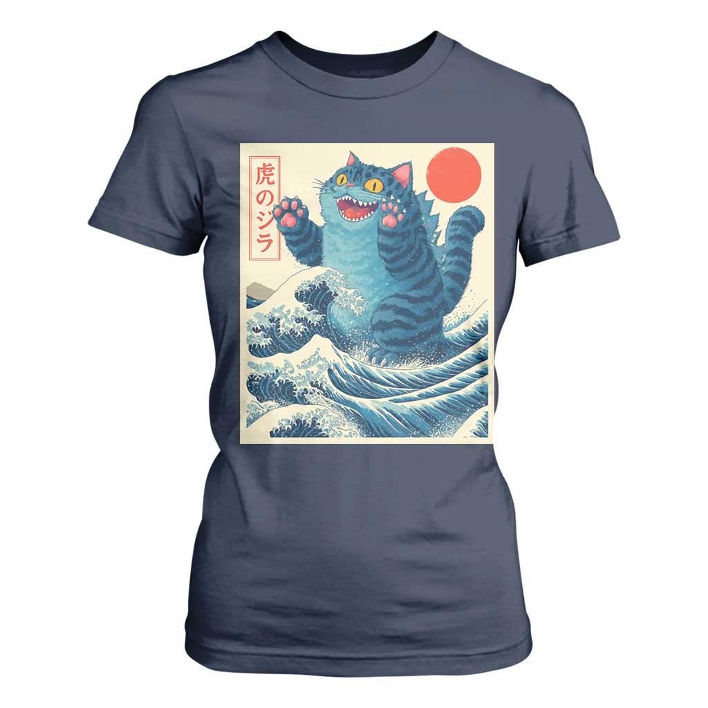 Blue Cat Giant Monster Japanese Art T Shirt For Women Kawaii Demon Tiger Funny Kitty Dad Gifts TS10 Navy Print Your Wear